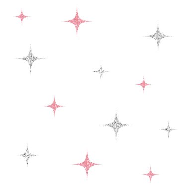 Beyaz arkaplanda pürüzsüz gümüş ve pembe parıltılı yıldız deseni