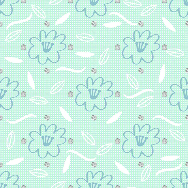 Pastel sans couture dessiné à la main floral et feuille avec motif paillettes point argent fond — Image vectorielle