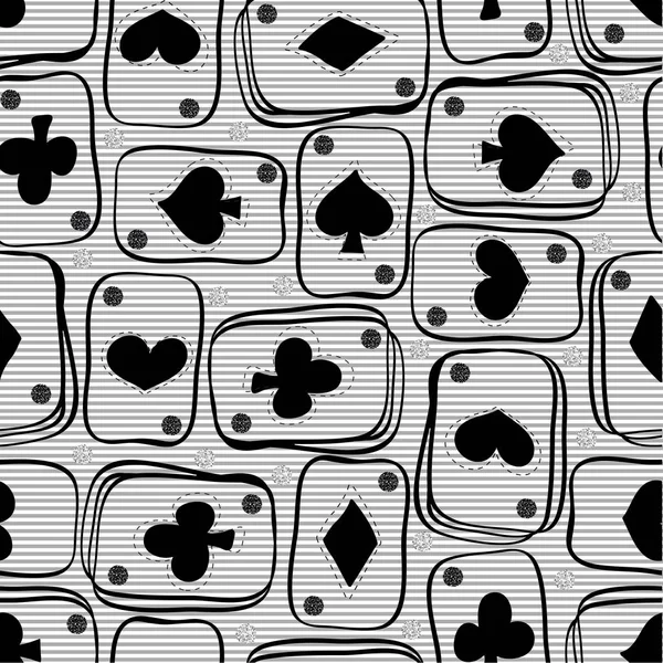 Mão sem costura desenhado padrão de cartão de jogo brilho preto no fundo listra — Vetor de Stock