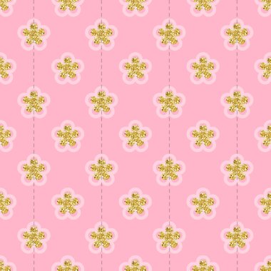 Pembe arka planda kusursuz altın parıltılı çiçek deseni