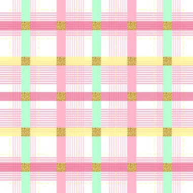 Beyaz zemin üzerinde altın kare parıltısıyla renksiz pastel şerit deseni..