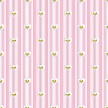 Pembe çizgili beyaz kalp kâğıdı desenli kusursuz altın kalp pırıltısı.