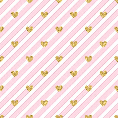 Pembe çizgili arka planda kusursuz altın kalp pırıltısı deseni