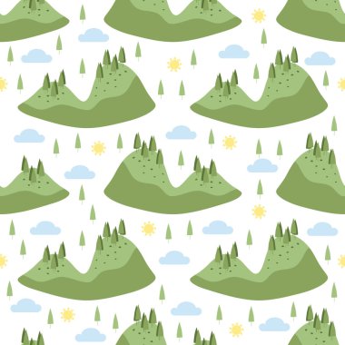 Beyaz arka planda pürüzsüz el çizimi yeşil orman adası deseni