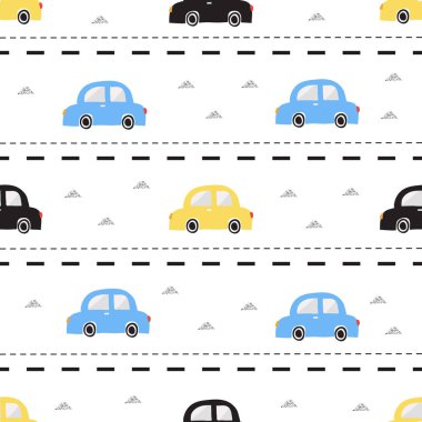 Çizgili arka planda gümüş üçgen parıltı desenli pürüzsüz renkli bir el çizimi araba.