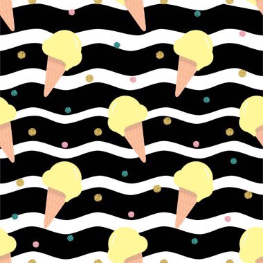 Çizgili desenli arka planda renkli nokta parıltısıyla waffle külahında kusursuz vanilyalı dondurma.