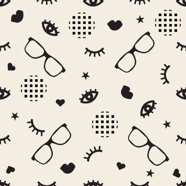 Kusursuz tek renkli moda arka planı karalama göz, kirpik, gözlük, benek, kalp ve yıldız.