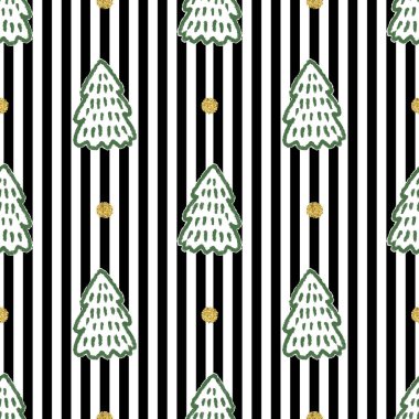 Kusursuz altın parıltısı çizgili arka planda yeşil çam ağacıyla Noel deseni