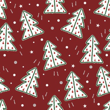 kırmızı noel desenli arkaplan karalama çam ağacı ve yeşil çam ağacı ve kırmızı noktalı parıltı desenli arkaplan