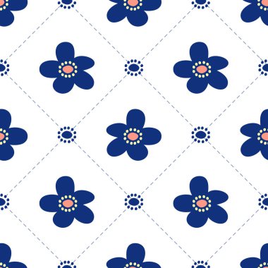 Beyaz arkaplanda kusursuz mavi el çizilmiş çiçek deseni.