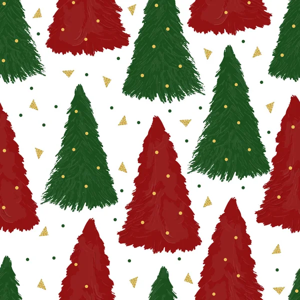 Nahtlose Glitter Weihnachtsmuster Hintergrund Mit Kiefer Aus Ölfarbe — Stockvektor