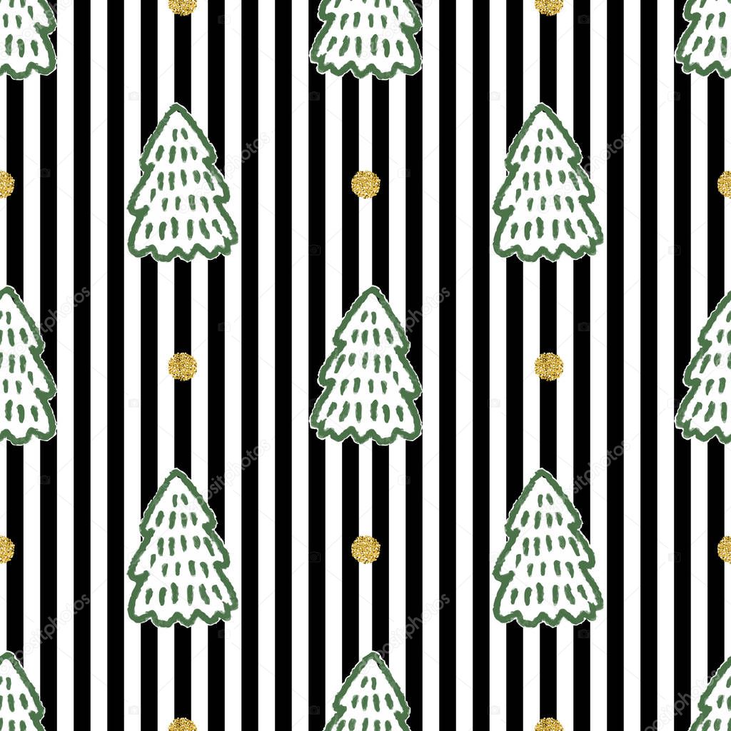 seamless gold glitter christmas pattern on stripe background with green pine tree