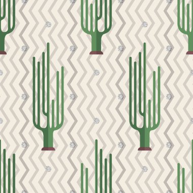 Zigzag arka planında gümüş noktalı parıltı desenli kusursuz yeşil kaktüs.