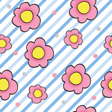 Çizgili arka planda kusursuz doğa deseni. Parlak noktalı el çizimi çiçek deseni.