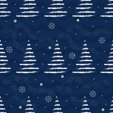 Pırıltılı kar taneleri desenli çam ağaçlarıyla kusursuz bir Noel mevsimi.