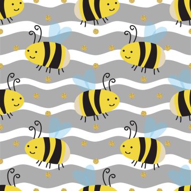 Gri çizgili arka planda altın noktalı parıltı desenli kusursuz el yapımı arı.