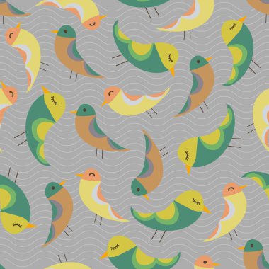 Gri çizgili arka planda gümüşi parıltılı konfeti desenli kusursuz bir el çizimi kuş.