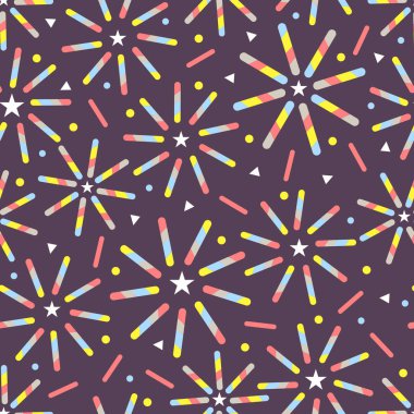 Lekesiz konfeti rengarenk havai fişek deseni menekşe arkaplanından çizgi, yıldız ve noktadan