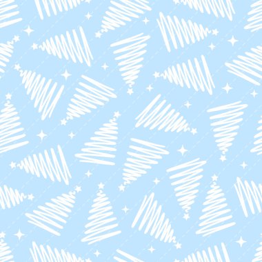 Mavi zemin üzerinde kusursuz noel deseni beyaz çam ağacı, yıldız ve kar tanesi çizgisi