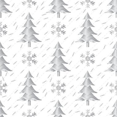Beyaz arka planda, gümüş çam ağacı ve kartanesi parıltısıyla kusursuz noel deseni.