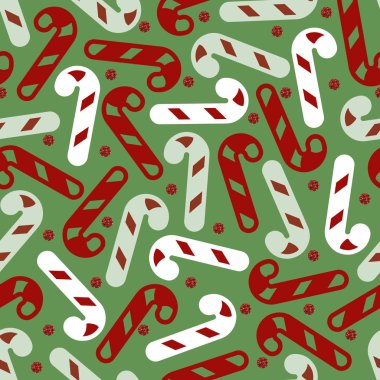 Konfeti şekeri ve yeşil arkaplanda kırmızı nokta parıltısı desenli kusursuz noel partisi deseni.