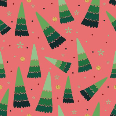 Pembe arka planda, yeşil çam ağacı ve parıltılı konfeti kar tanesiyle kusursuz bir Noel deseni.