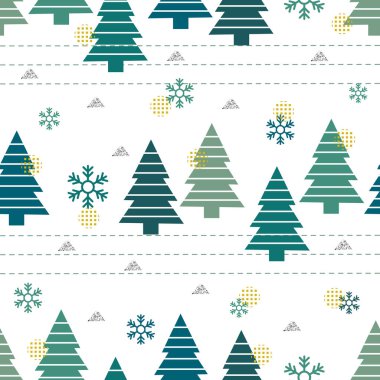 Beyaz arkaplanda kar taneli kusursuz yeşil çam ağacı deseni