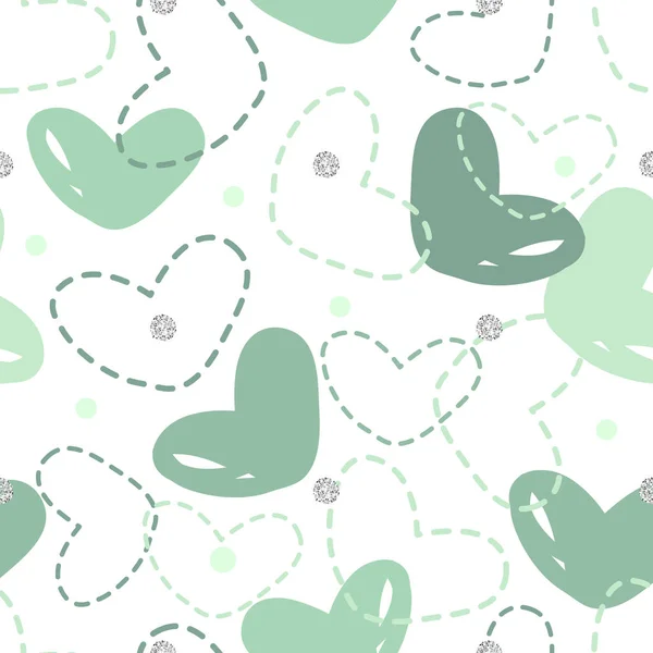 Nahtloser Musterhintergrund Mit Einfarbigem Grünem Herz Mit Silbernem Dot Glitter — Stockvektor