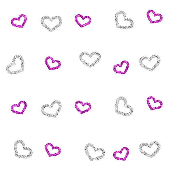 Seamless Confetti Pink Silver Heart Glitter Pattern White Background — 스톡 벡터