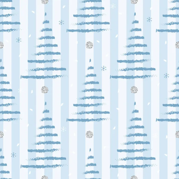 Naadloze Kerst Seizoen Met Blauwe Dennenboom Met Glanzende Sneeuwvlok Patroon — Stockvector