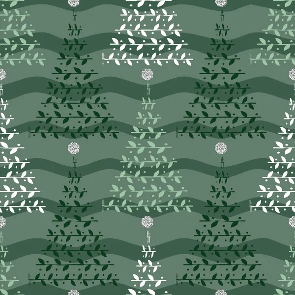 波浪背景下单色松树图案的无缝圣诞季节 — 图库矢量图片