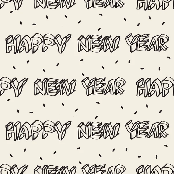 Seamless Monochrome Hand Drawn Happy New Year Text Pattern Background — 스톡 벡터