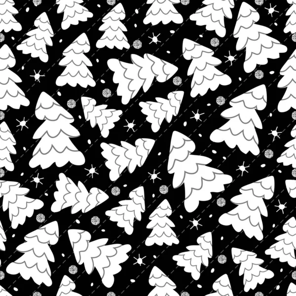 Naadloze Kerst Nacht Patroon Met Witte Dennenboom Confetti Ster Glitter — Stockvector