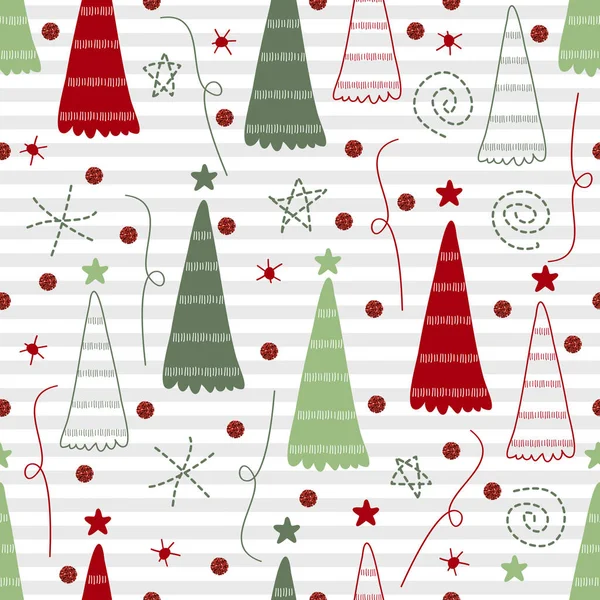 Nahtloses Weihnachtsmuster Mit Farbenfroher Handgezeichneter Kiefer Und Konfetti Glitzerschnee Auf — Stockvektor