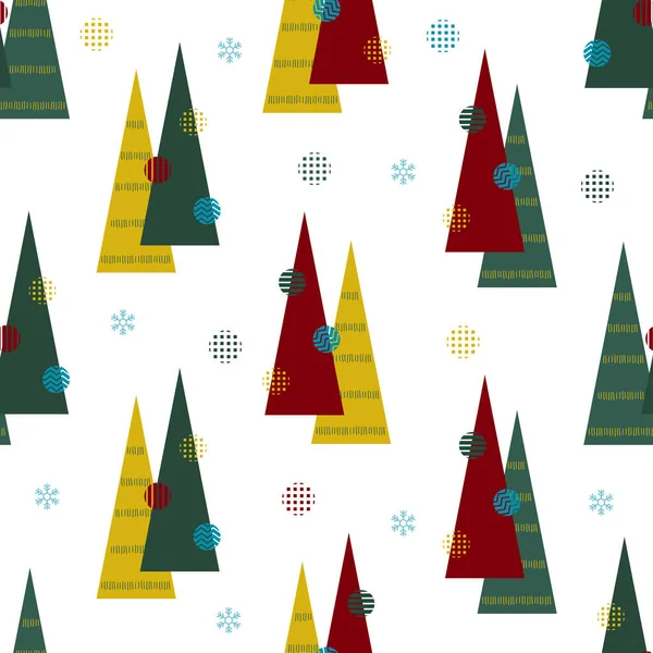 Nahtlose Weihnachtsmuster Mit Buntem Tannenbaum Aus Geometrischem Holz Mit Schneeflocke — Stockvektor