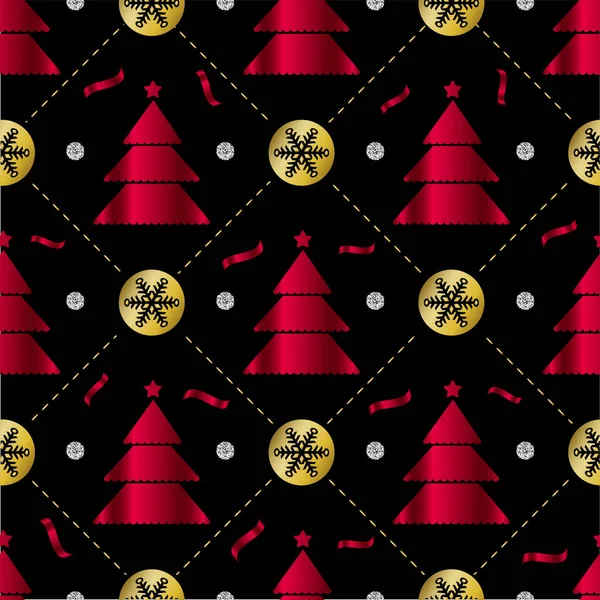 Patrón Navidad Sin Costuras Sobre Fondo Negro Con Pino Rojo — Vector de stock