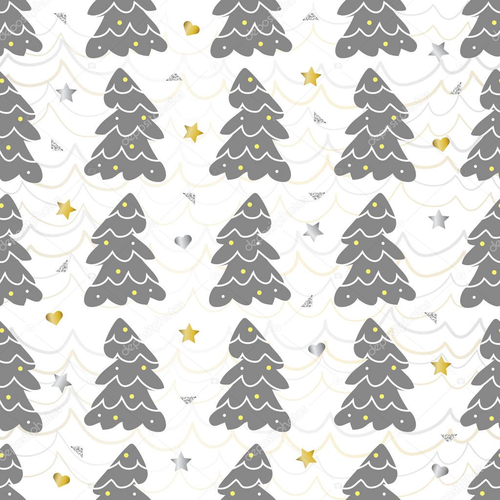 seamless christmas pattern with grey pine tree and confetti glitter on white background.