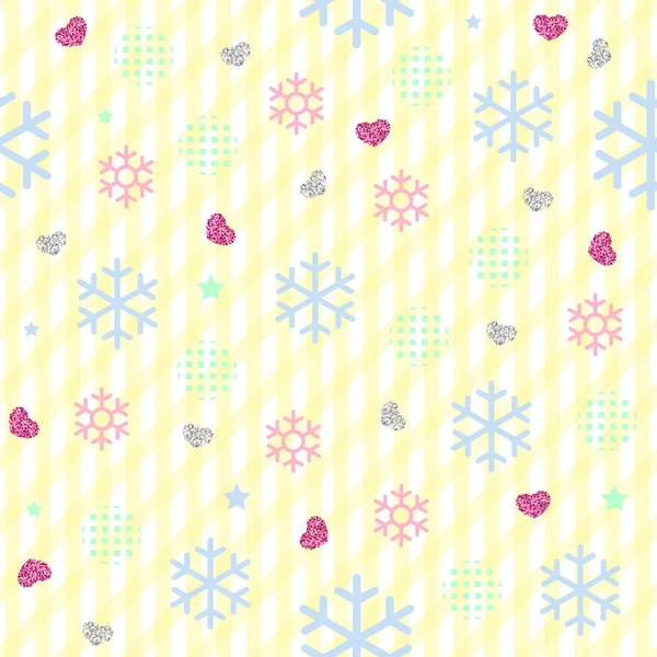 Seamless Confetti Colourful Snowflake Star Heart Glitter Pattern Yellow Stripe — Stock Vector