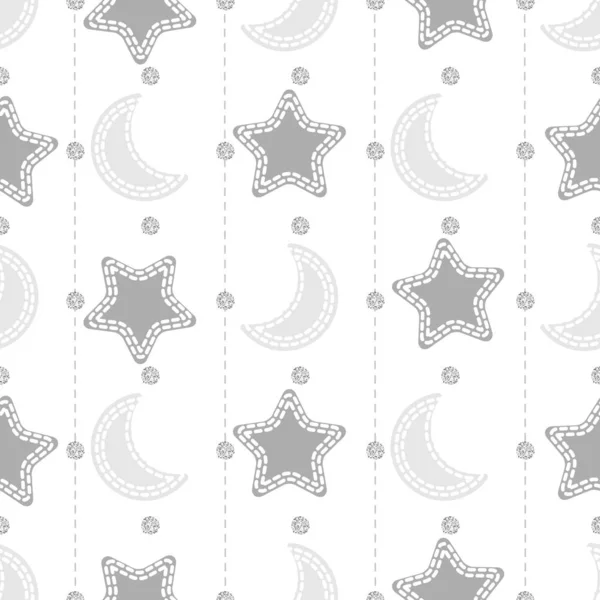 Бесшовный Ночной Узор Белом Фоне Блеском Луны Серебра Звезды — стоковый вектор