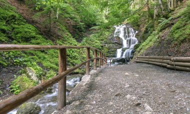 Karpatlar. Bir dağ nehir büyük şelale bir yolu. Ukrayna.
