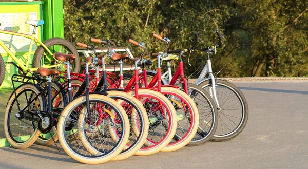 Группа красочных велосипедов, припаркованных вместе на парковке крупным планом — стоковое фото
