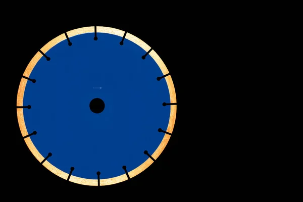 Classic Blue cutting blade with diamond diameter 230 mm, used for cutting concrete and reinforced concrete isolated on a black background, copy space.