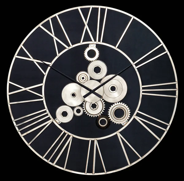 Industrial Wall Clock Made White Metal Real Gears Isolated Black — Stock Photo, Image