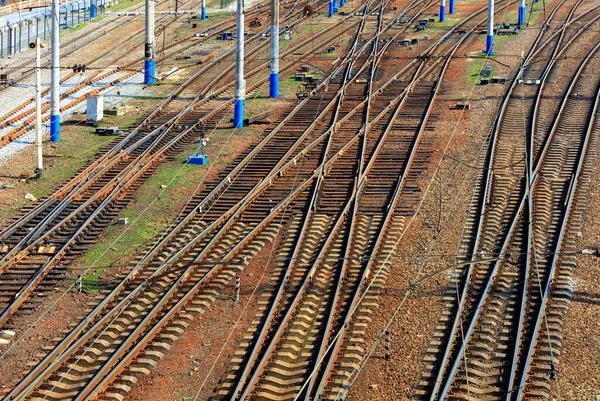 Разветвленная Многоканальная Железнодорожная Сеть Поездов Диагональная Перспектива Ритм Вид Сверху — стоковое фото