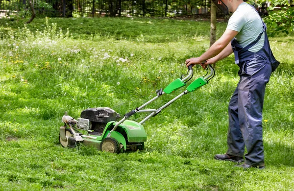 A service worker looks after the green lawn and mows the grass with a petrol mower.
