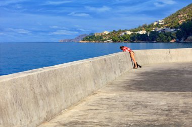 Deniz koyunun beton rıhtımında, plaj kıyafeti giymiş bir bayan deniz kıyısı balıklarının ve sakinlerinin yaşamlarını deniz kıyısı ve yamacın gerilemekte olan perspektifinin karşısında, fotokopi uzayıyla görüntüsünü gözlemler..