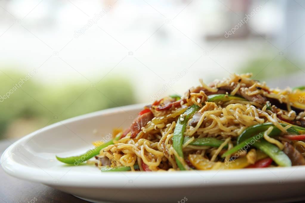 Chinese food fried noodle with ham