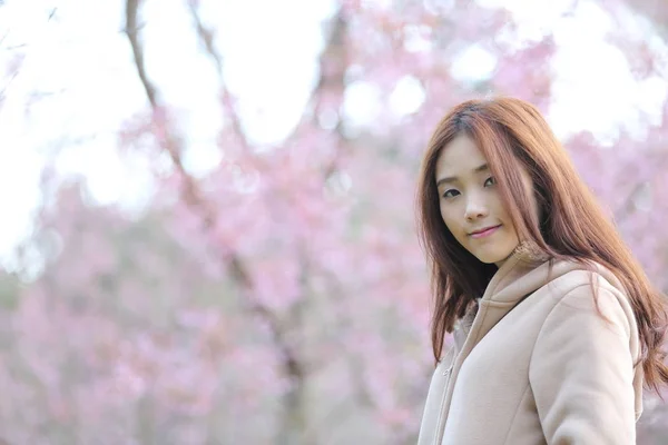 Bela asiático jovem mulher em flor cereja flores sakura — Fotografia de Stock