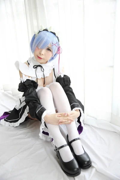Japan anime cosplay girl , Ram re zero , in white tone — Stock Photo, Image