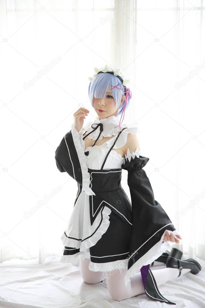 Japan anime cosplay girl , Ram re zero , in white tone
